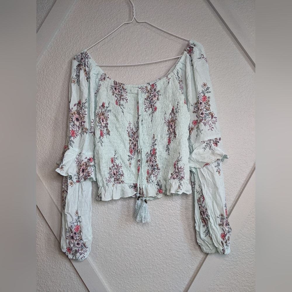 American Rag Floral smocked tassel top